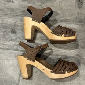 Swedish Hasbeens Braided Toe Sky High Wooden Heels Size 36
